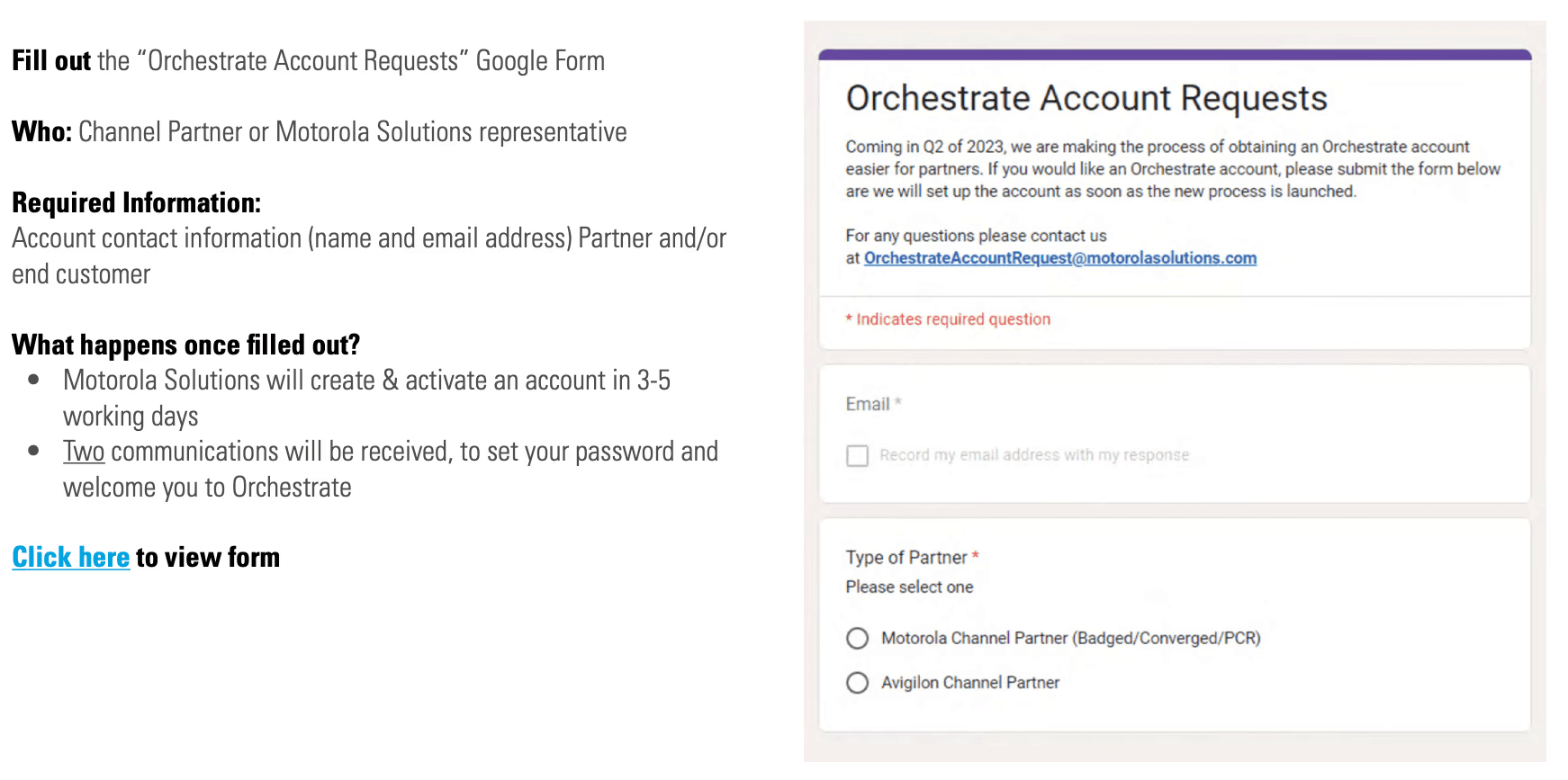Screenshot of the Orchestrate Account Request Google Form, which required 3-5 business days and multiple communications to activate, highlighting manual steps in the workflow.