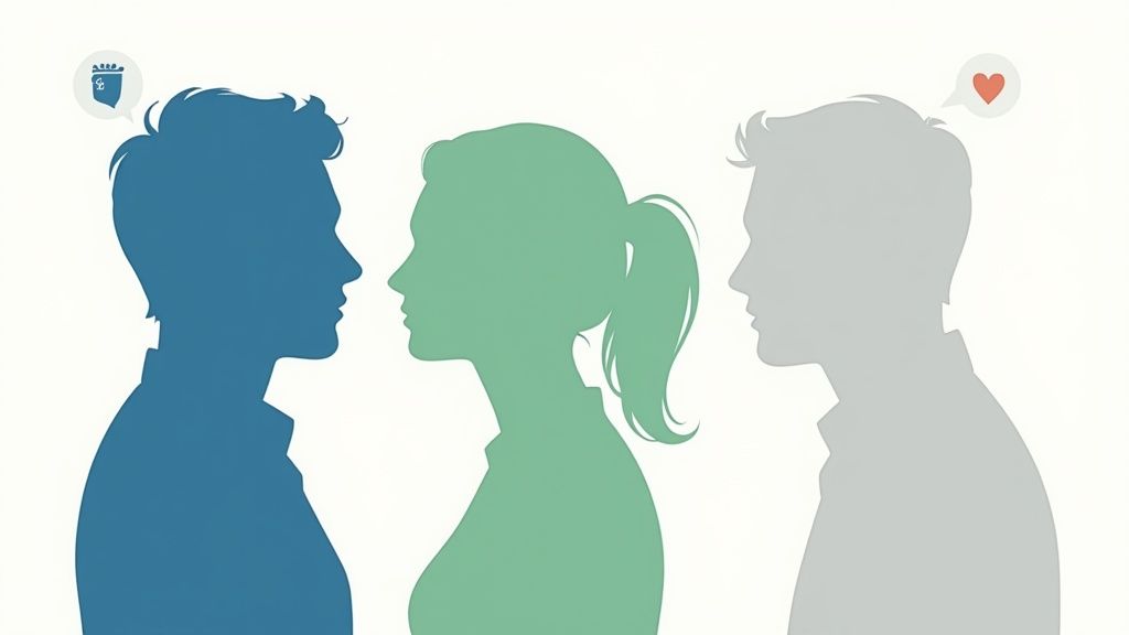 Drei Personen-Silhouetten zeigen unterschiedliche Perspektiven in Beziehungen und zwischenmenschlicher Kommunikation