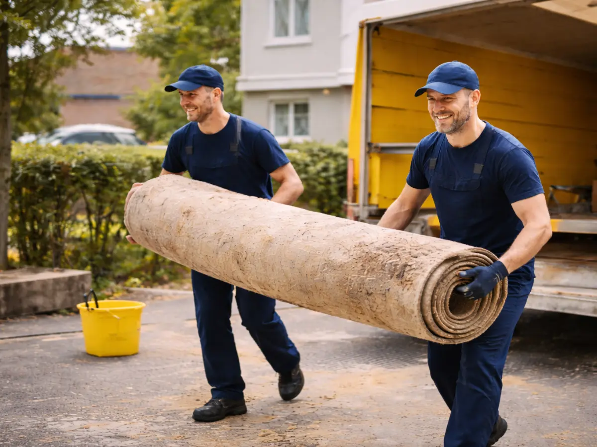 Zwei Männder tragen alten Teppich der soeben entfernt wurde