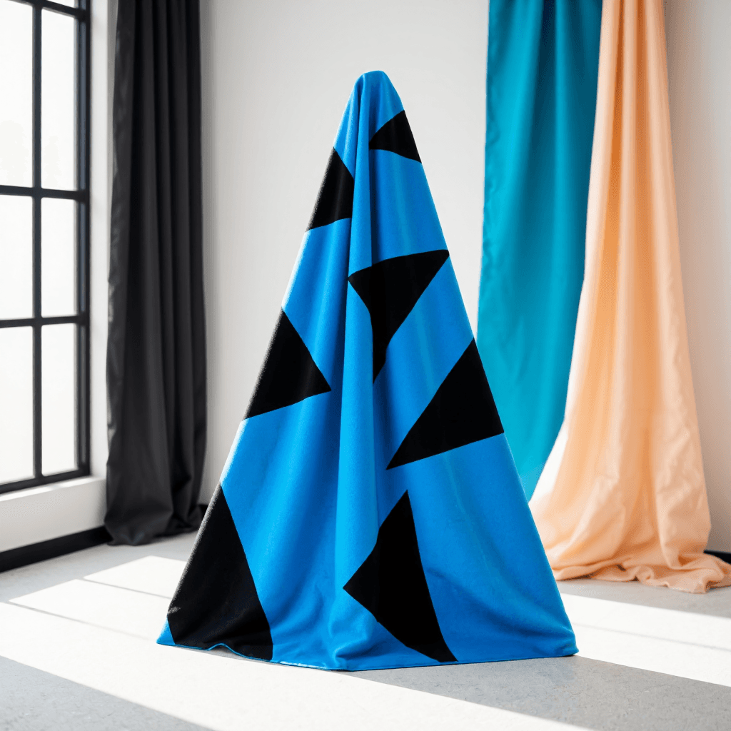 product photography of a long sports towel with a geometric pattern, designed for athletic use