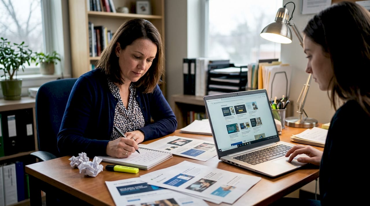 SMB owner reviewing competitor digital ad printouts