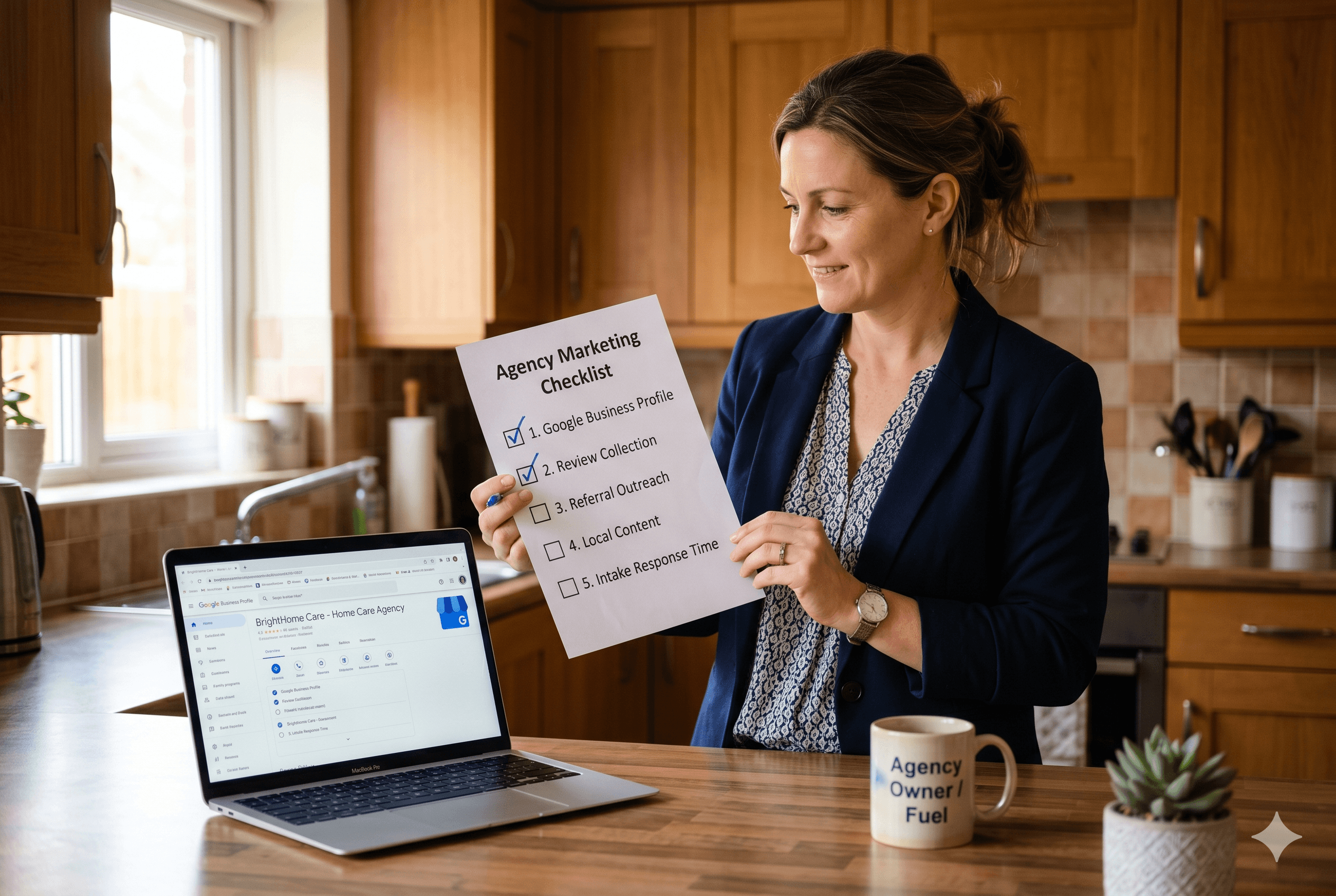 A woman in her early forties standing in a kitchen workspace, holding an "Agency Marketing Checklist" next to an open laptop showing a Google Business Profile for a home care agency.