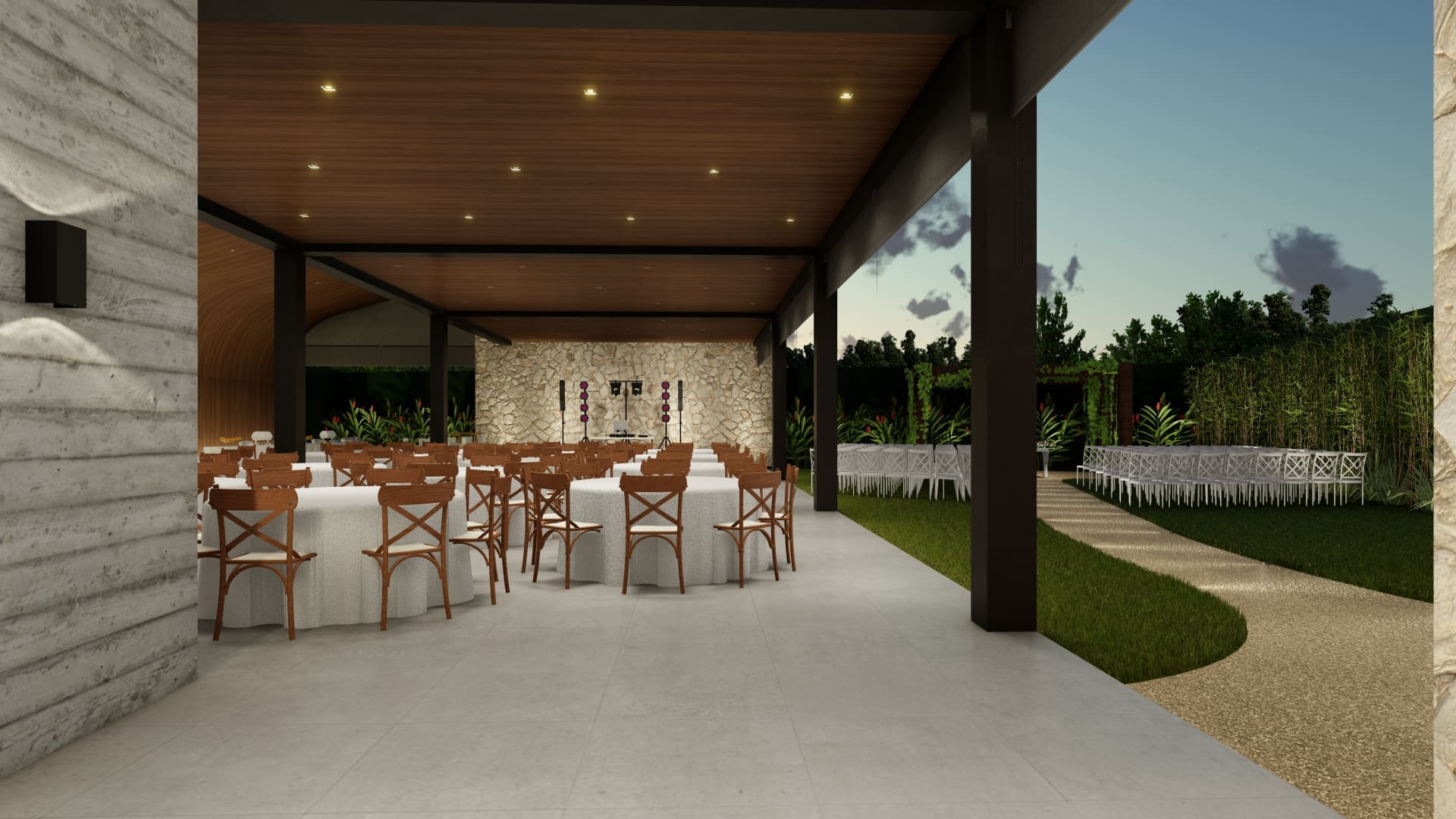 Projeto arquitetônico de casa de festas desenvolvido pela Meraki Arquitetura, com salão principal, forro curvo e claraboia voltada para o sol da manhã.