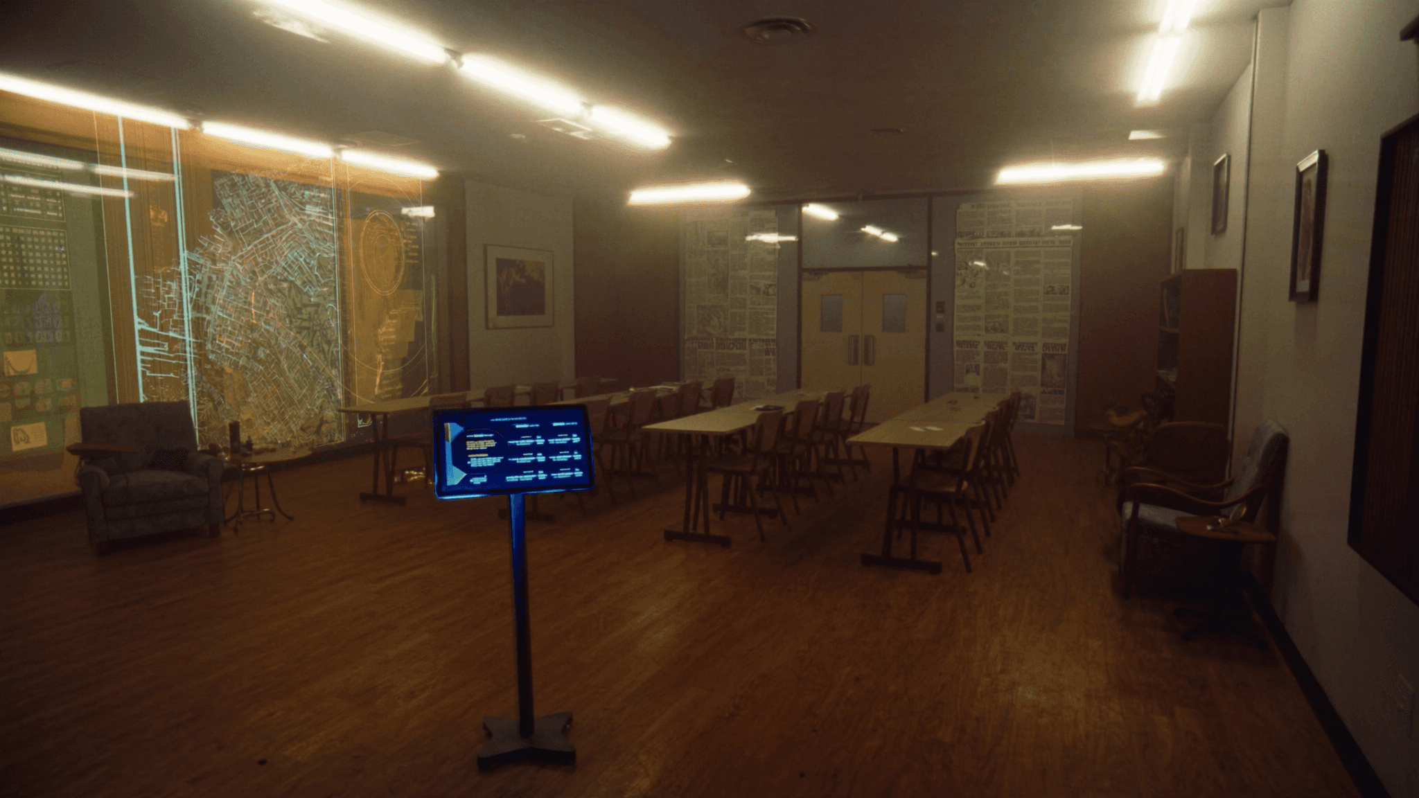 Futuristic lecture hall with interactive digital displays for remote learning