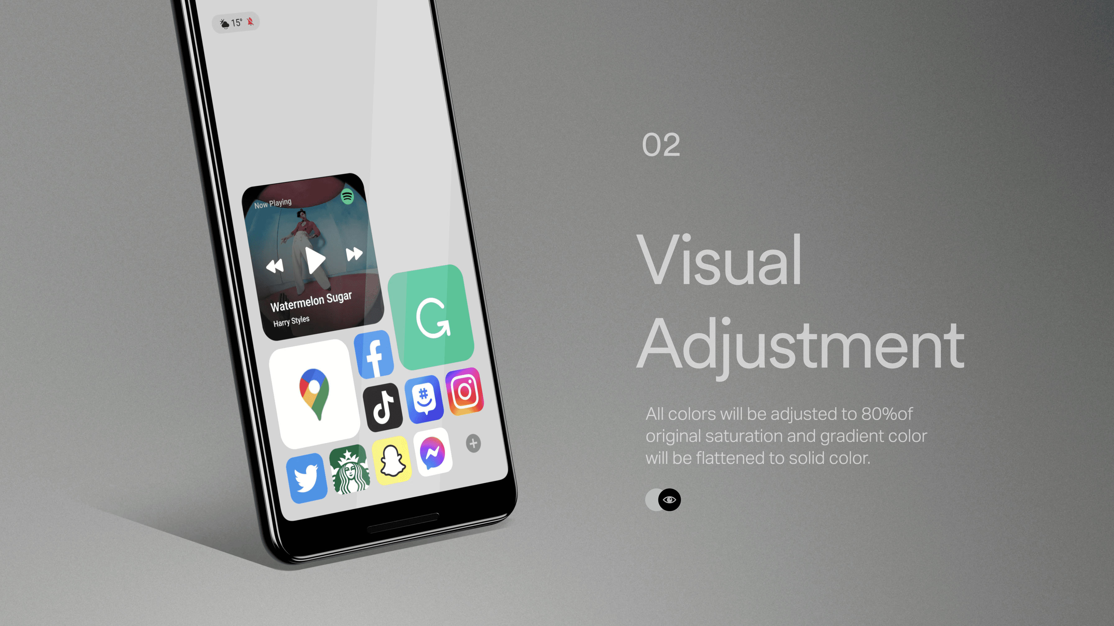 A smartphone displays a music player interface showing "Watermelon Sugar" by Harry Styles on its screen. The screen also shows app icons including Google, Instagram, TikTok, Snapchat, and Twitter. The phone’s screen is white, and the background is gray. Text on the right reads “02 Visual Adjustment” and “All colors will be adjusted to 80% of original saturation and gradient color will be flattened to solid color.” A small circular icon with a white dot is visible near the bottom right corner of the screen.