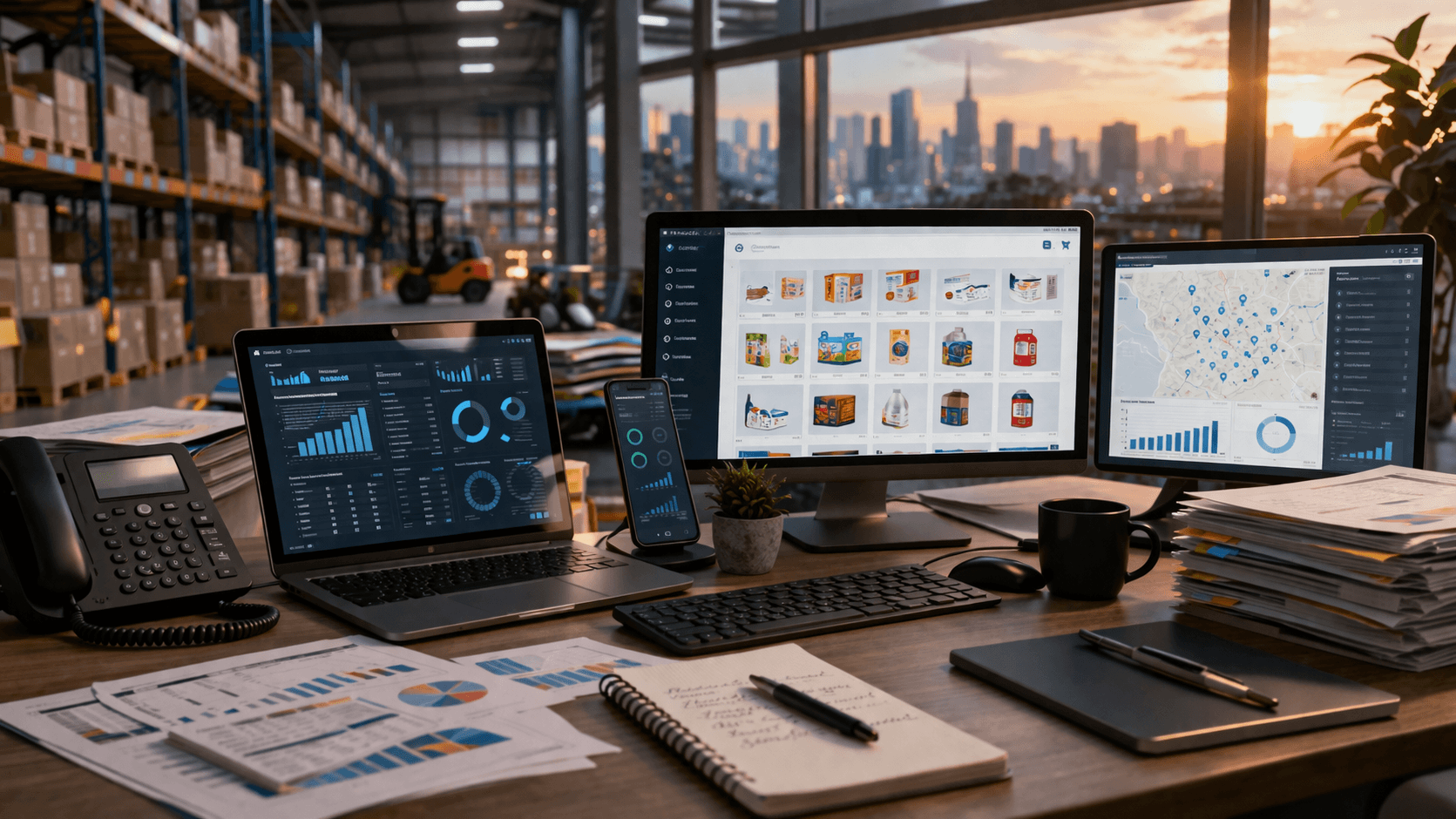 Ambiente de trabalho moderno em estilo 3D realista, com uma mesa equipada com notebook, monitores e celular exibindo dashboards, mapas e catálogo de produtos. Ao fundo, um armazém com prateleiras e caixas organizadas, integrado a uma vista urbana ao pôr do sol. A cena sugere conexão entre operação logística, dados e canais digitais, com foco em eficiência e gestão de carteira, sem presença de pessoas.