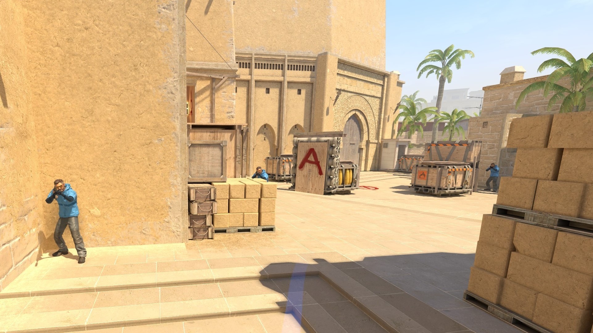 A CS2 prefire map with bots holding common angles on Mirage A site
