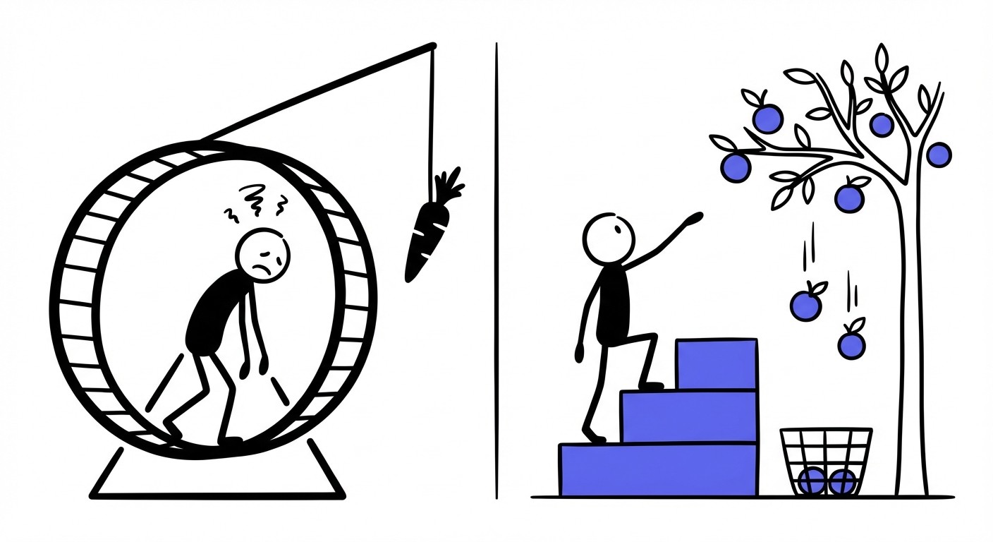 A split-screen illustration showing a person stuck in a repetitive hamster wheel of cold outreach versus a person building a staircase of insights to reach success naturally.