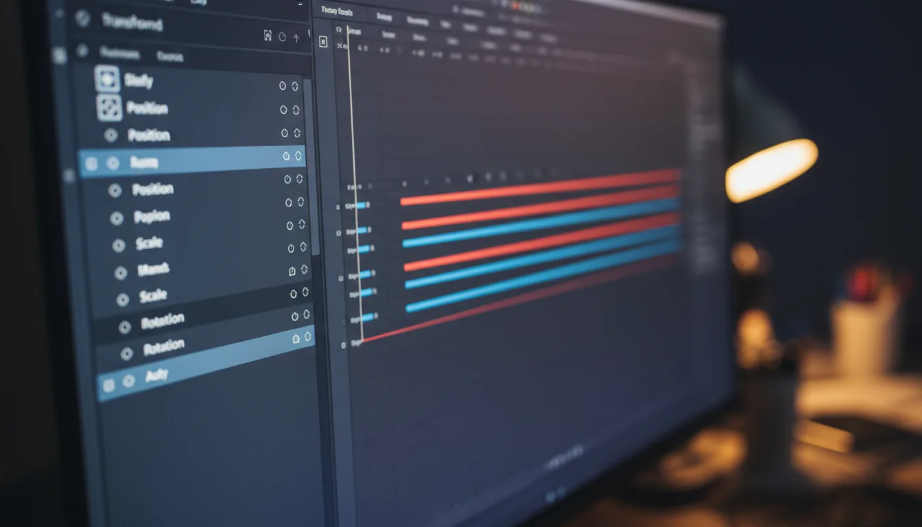 DSLR close-up photograph of a computer screen displaying the Adobe After Effects user interface in a modern dark mode. The shot is taken at a slight angle with a very shallow depth of field. The focus is sharp on a complex list of layer properties on the left, showing abstracted text lines and icons. To the right, a video editing timeline with red and blue horizontal bars blurs into a soft bokeh background.