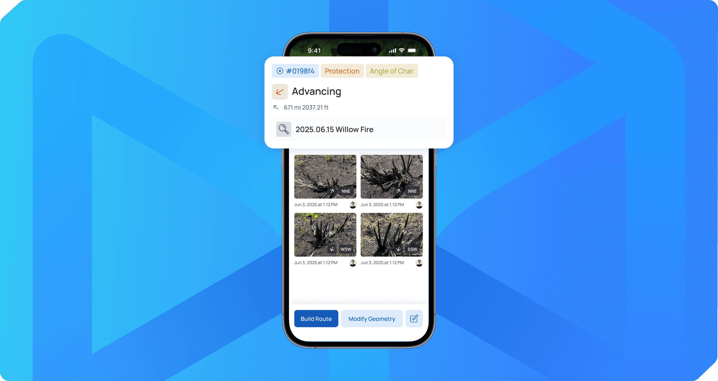 A smartphone displaying a map interface with four thumbnail images of trees and a label indicating "Advancing" and a date.