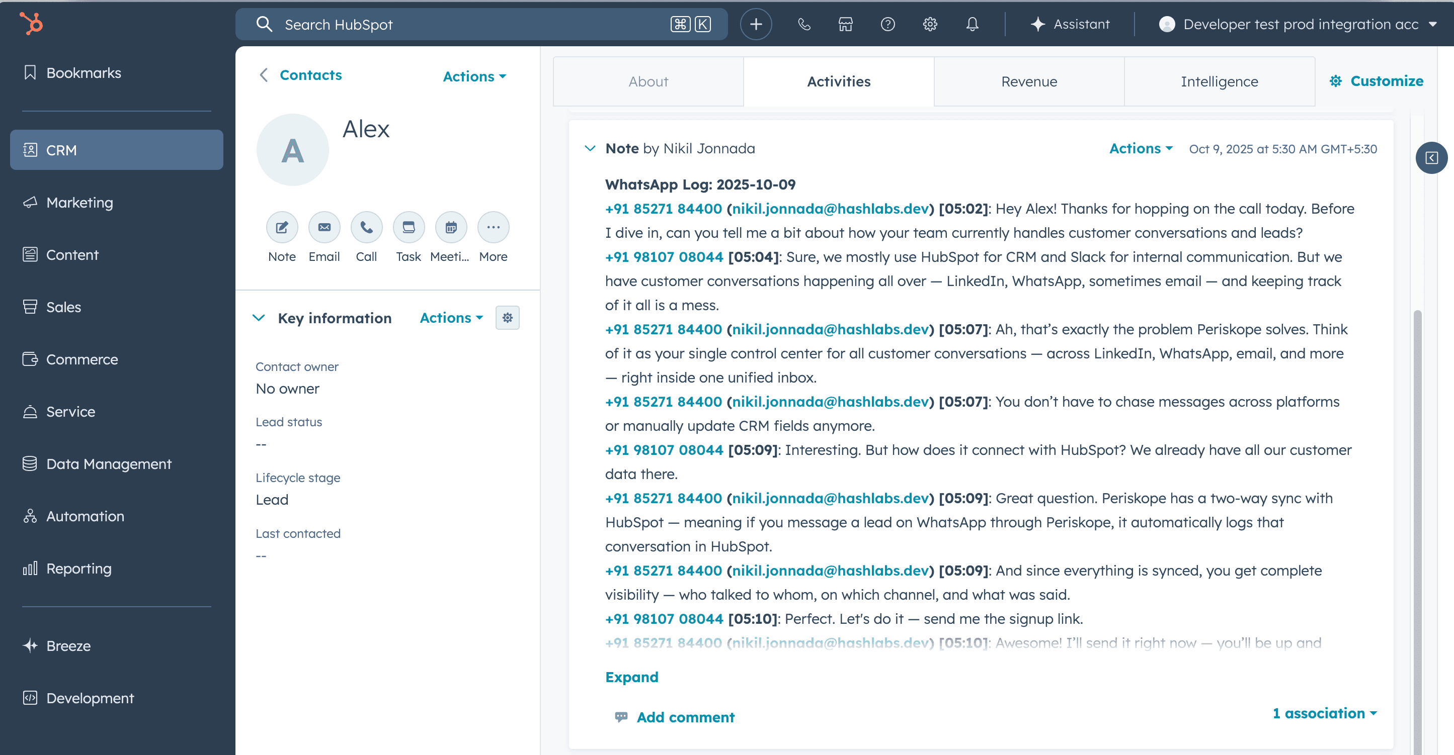HubSpot contact record showing logged WhatsApp messages