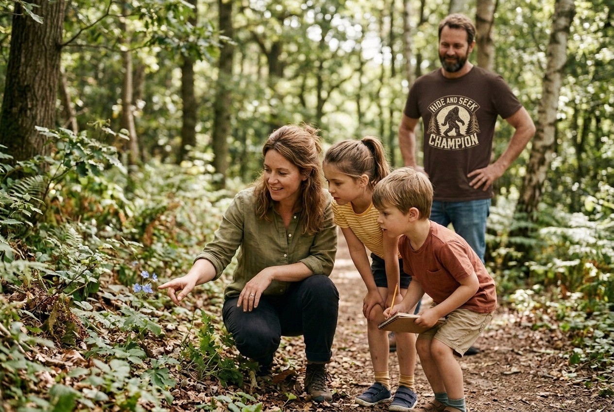 Family exploring forest trail together, observing wildflowers during a nature walk.