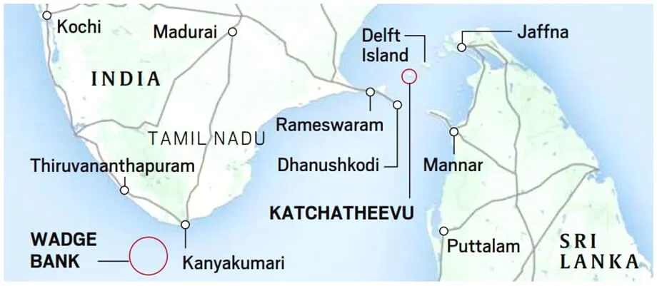 Map showing Tamil Nadu (India) and northern Sri Lanka, highlighting locations like Rameswaram, Dhanushkodi, Katchatheevu, Delft Island, Mannar, and Jaffna.