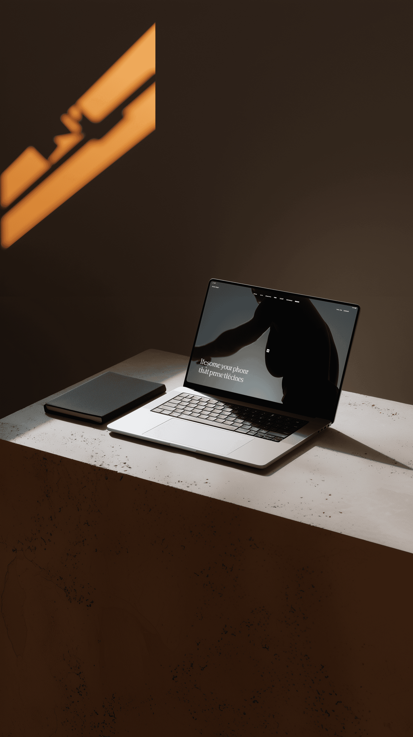 Minimalist laptop mockup on a stone pedestal with dramatic warm sunlight and shadow patterns.