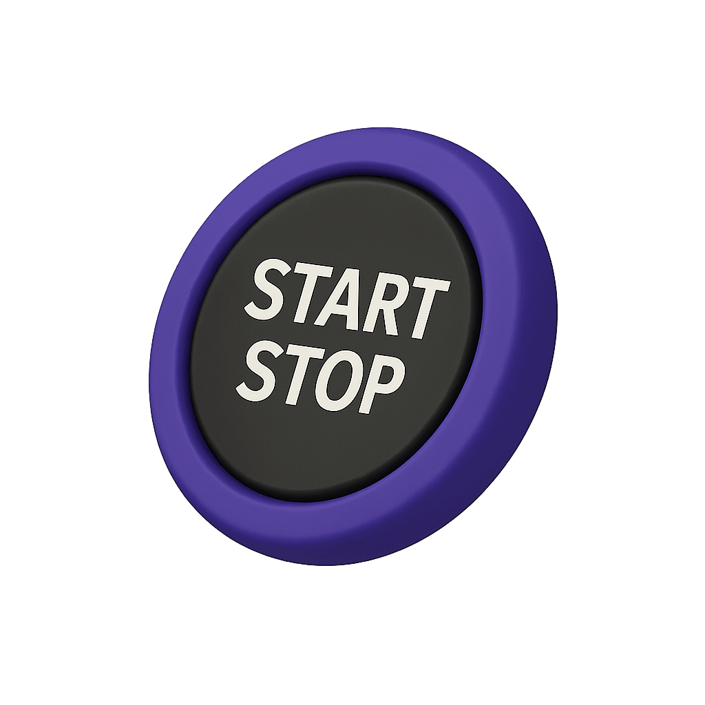Round button with purple ring and black center reading 'START STOP'.