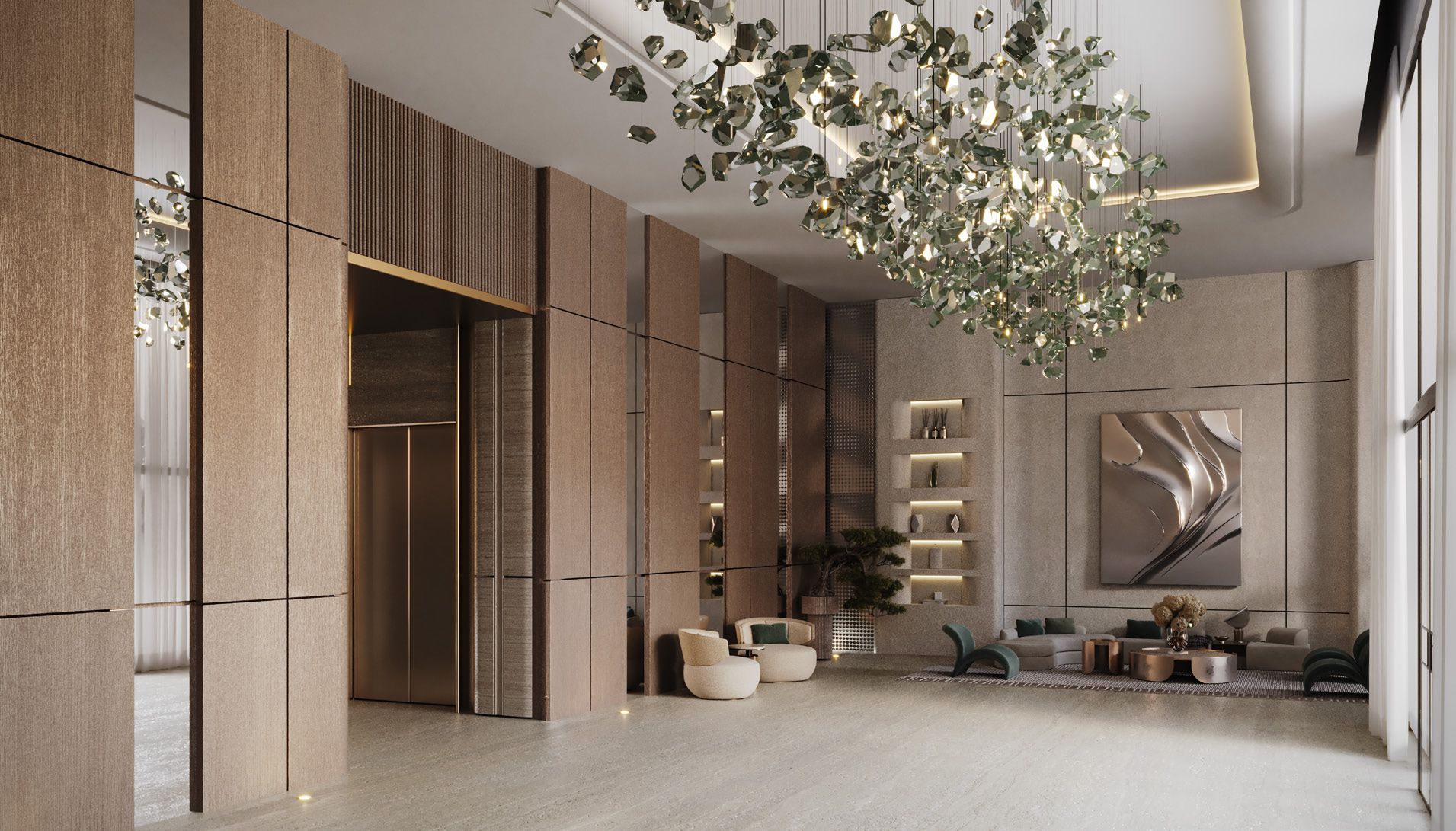 Grand lobby and reception at Binghatti Hillside. First-class real estate service from start to finish.