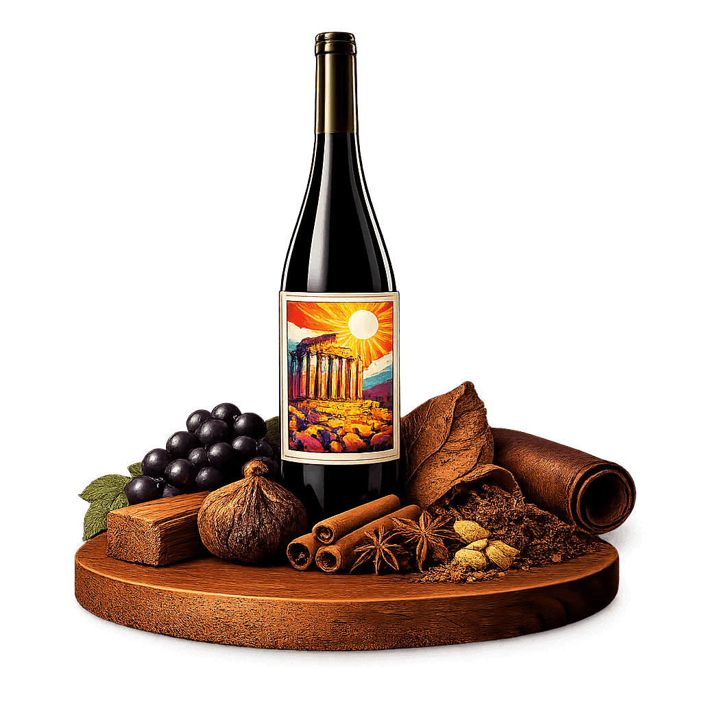 Artistic label and flavor profile for Bekaa Valley Bordeaux Blend on a rustic wooden table.