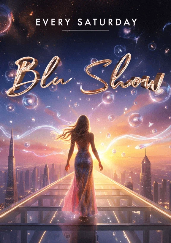 The BLU Show poster: a woman in a sparkling gown walking towards a city skyline at sunset, every Saturday
