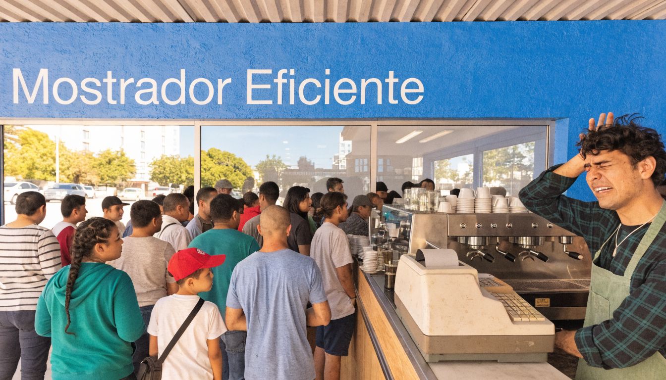 Un joven barista estresado atiende una fila de clientes en un mostrador de servicio eficiente.