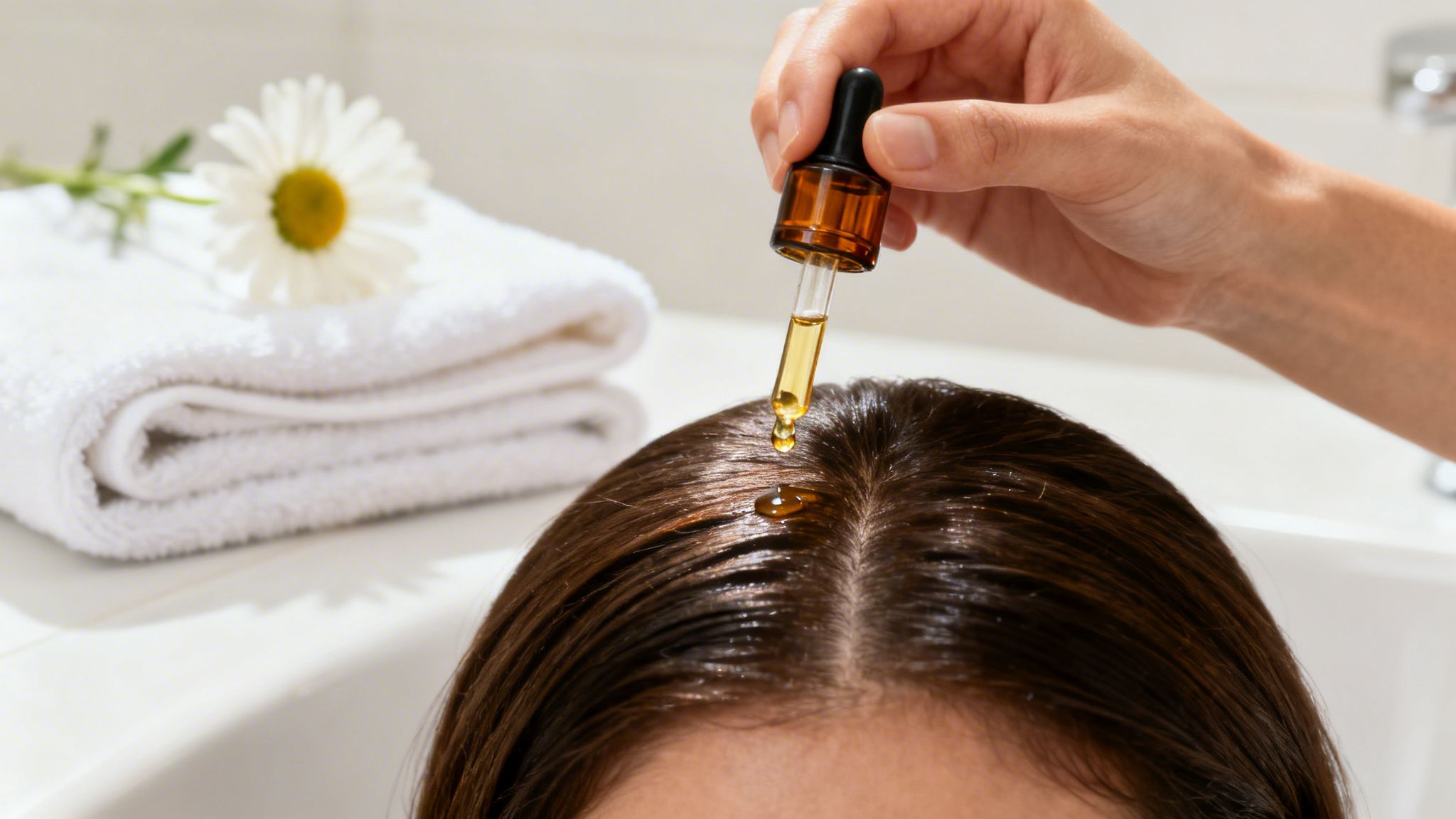 A person applies golden hair oil to their scalp with a dropper for hair treatment.