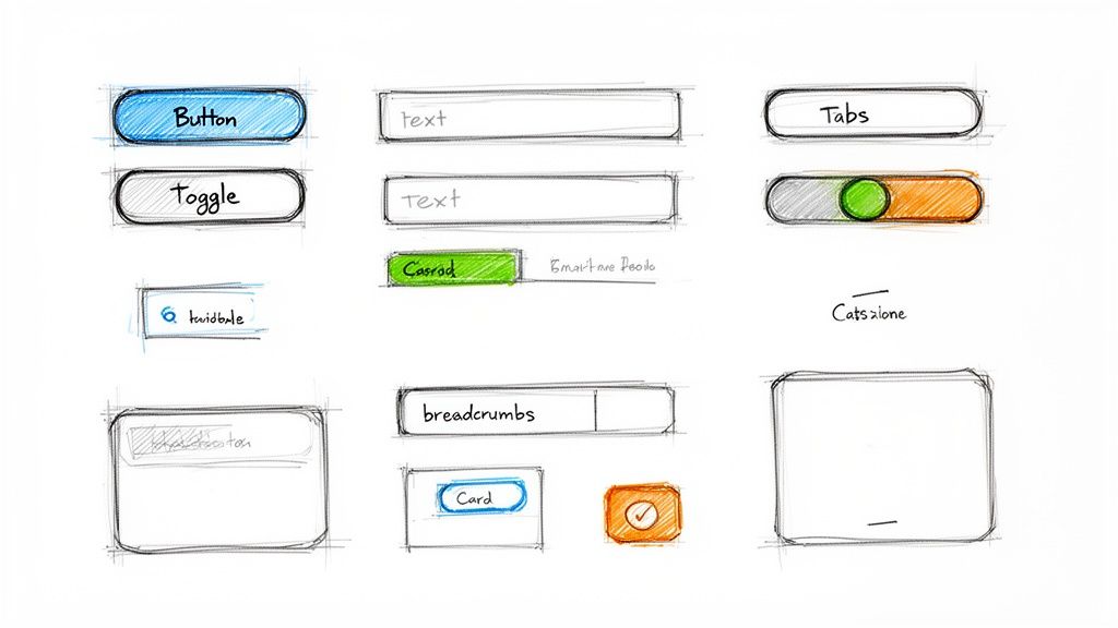 Hand-drawn sketch of various UI/UX components, including buttons, toggles, text fields, tabs, and cards.