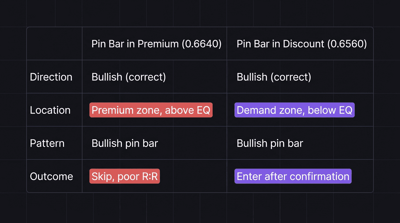 Comparison table showing the same pin bar pattern in two contexts with different outcomes