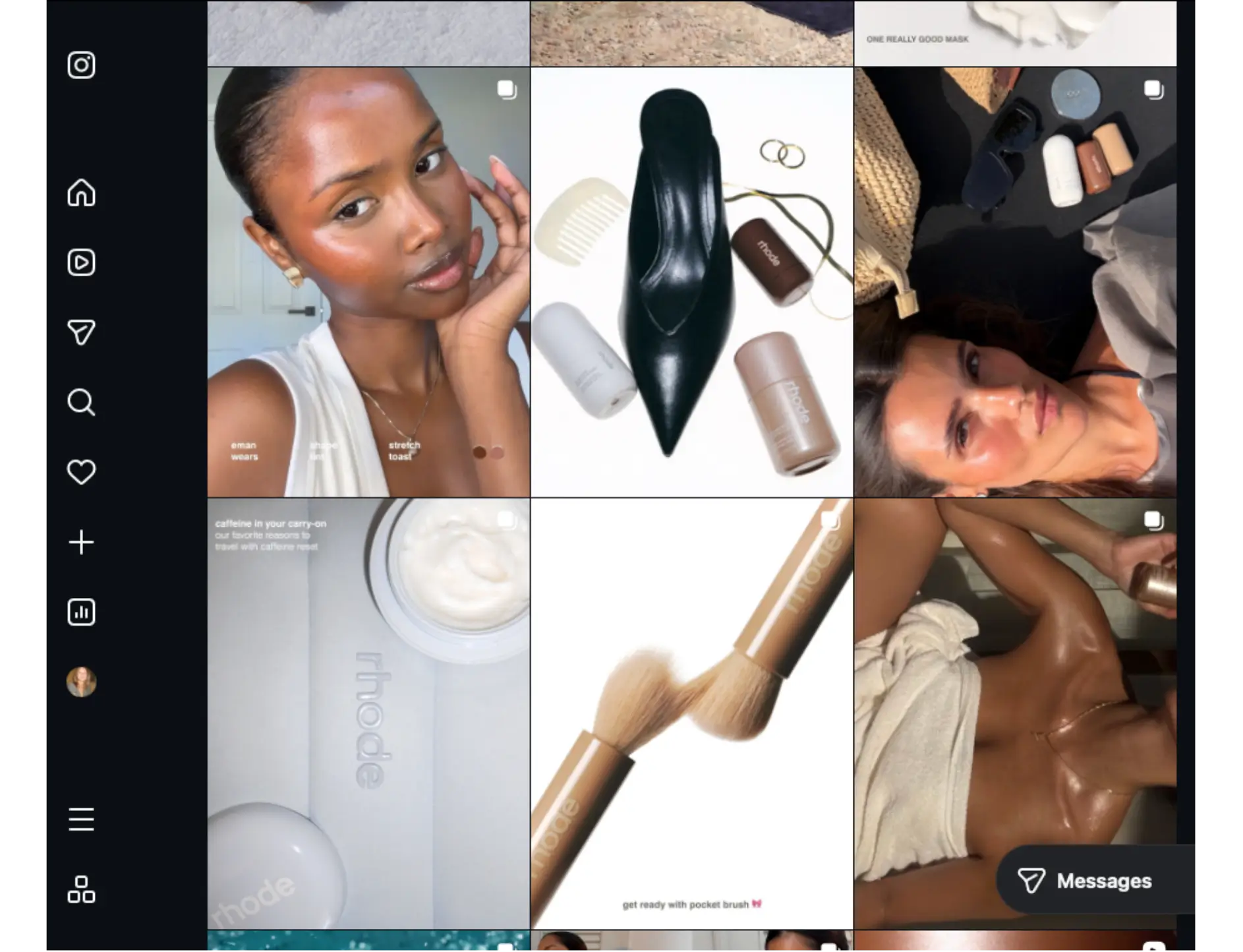 Instagram grid showcasing Rhode skincare products and lifestyle photos of radiant, glowing skin.