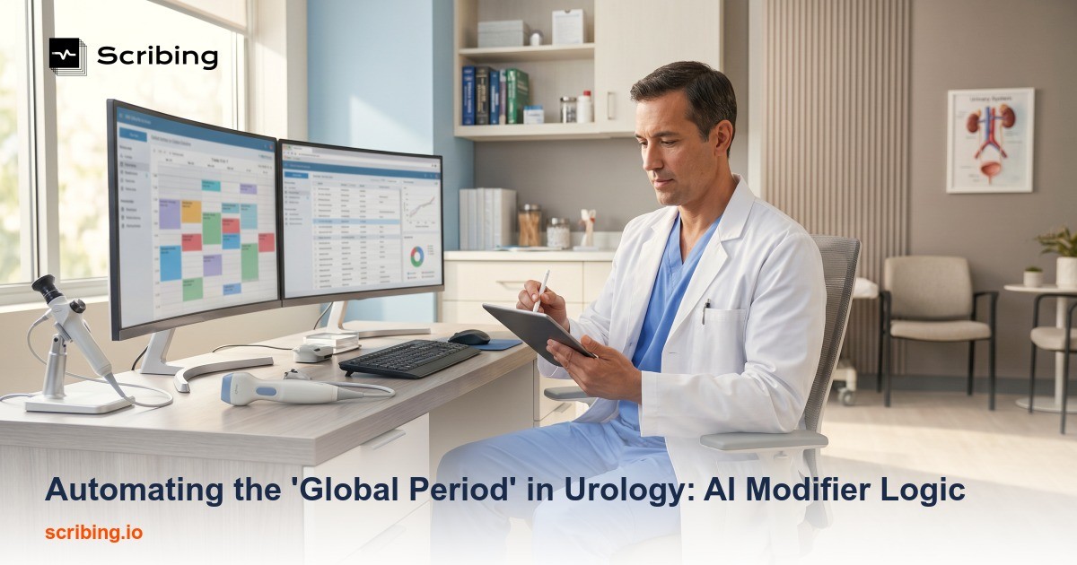 Illustration representing AI-powered automation of global period modifier logic for urology billing compliance