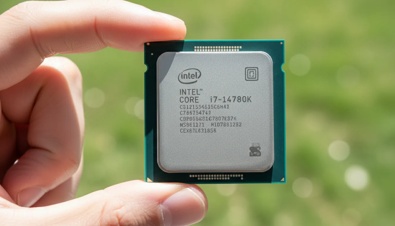 A close-up DSLR photograph of a person's fingers holding a modern Intel Core i7-14700K computer processor. The focus is tack-sharp on the silver metal heat spreader with its intricate laser-etched markings. The scene is illuminated by bright, natural daylight, set against a vibrant, out-of-focus background of green grass, creating a soft bokeh effect.