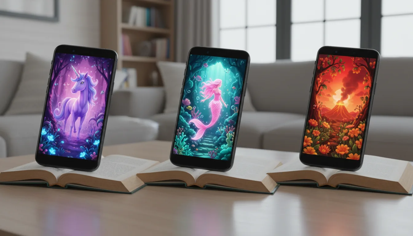 A product photography collage of three modern smartphones displaying an interactive Augmented Reality (AR) mobile application. Each phone's screen shows a fantastical 3D scene emerging from the pages of a physical book, composited over a real-world camera feed of a home environment. The AR illustrations include a glowing purple unicorn in a magical forest, a vibrant pink mermaid in a teal grotto, and a fiery red sunset over a garden. DSLR shot with soft, clean studio lighting, sharp focus on the phone screens, creating a polished and vibrant advertisement aesthetic.