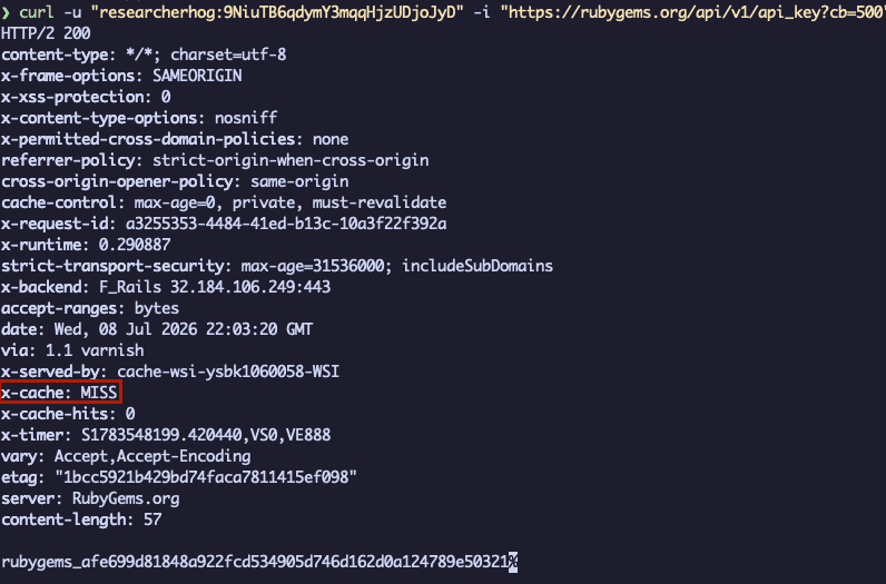 HTTP 200 with API key, x-cache MISS