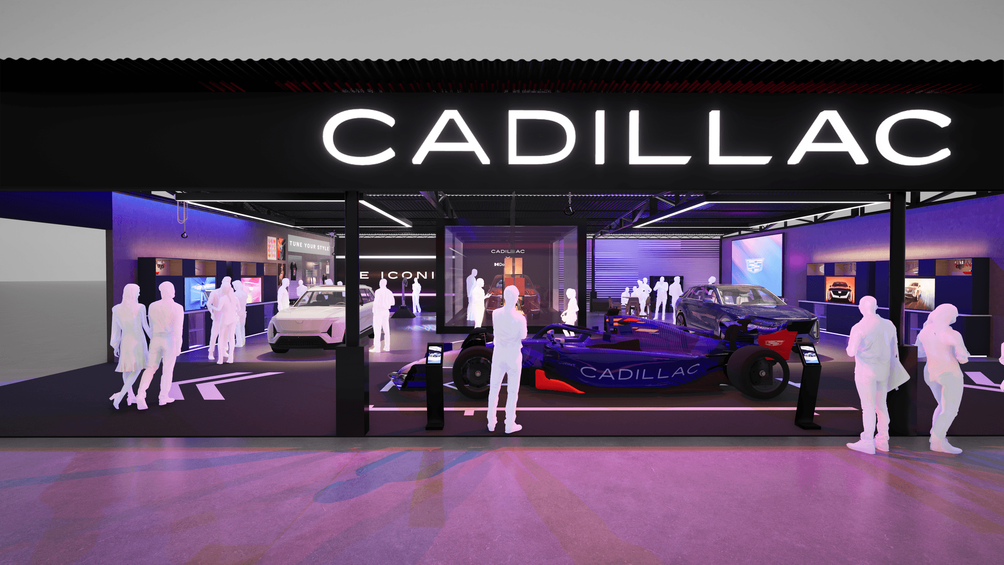 Front view of Cadillac exhibition stand with illuminated branding, vehicle display and crowd in event space