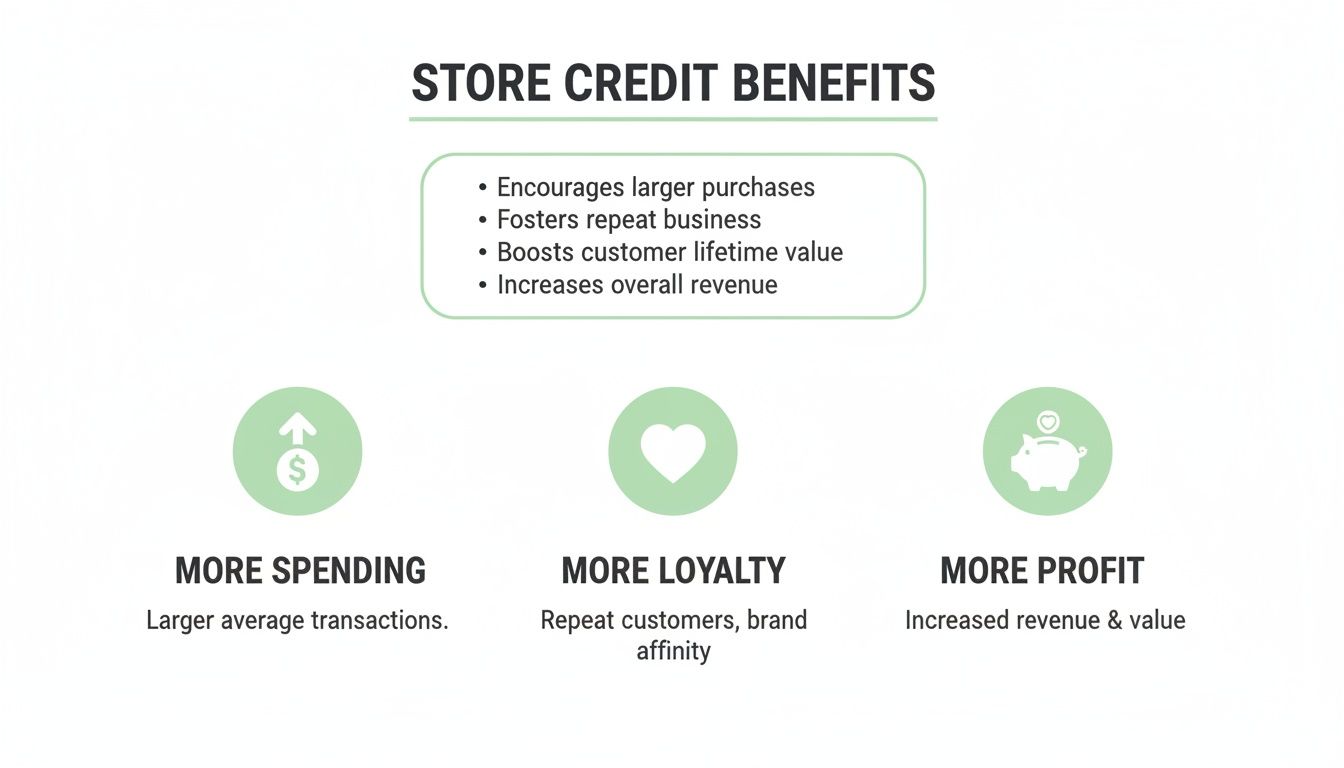 Visualizing store credit benefits, showing increased spending, customer loyalty, and business profit.