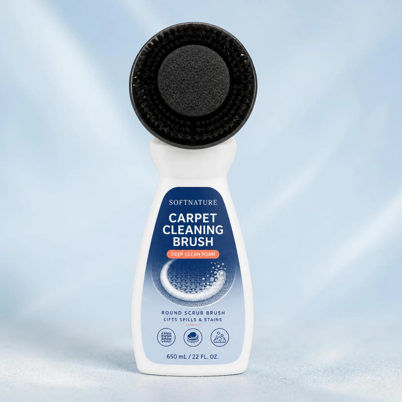 Private label carpet cleaning brush with integrated cleaning solution applicator