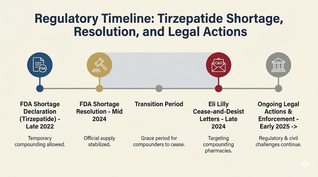 Timeline of FDA tirzepatide shortage resolution and compounding regulations affecting Orderly Meds