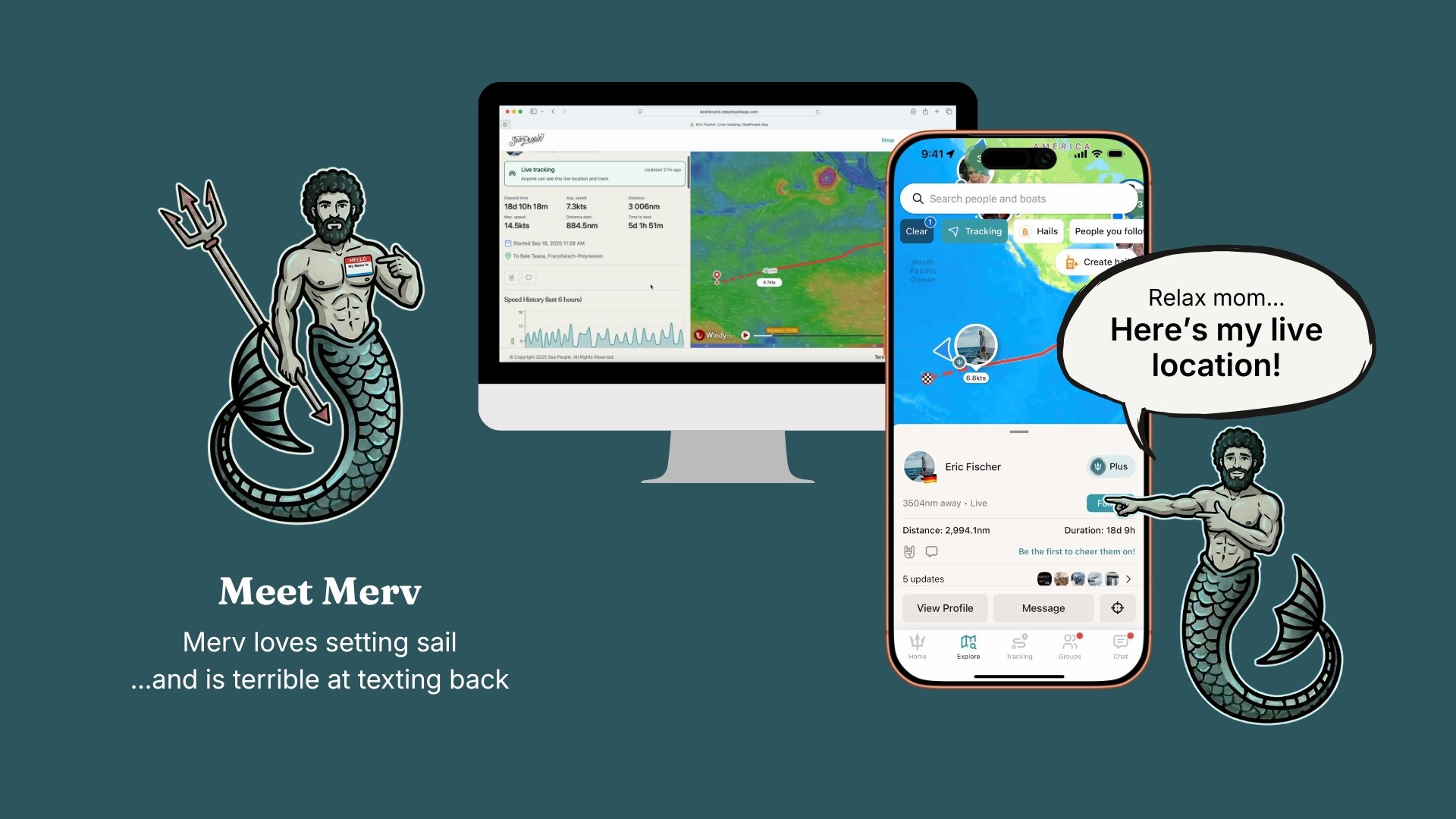 SeaPeople live tracking on mobile and desktop showing a Pacific crossing route