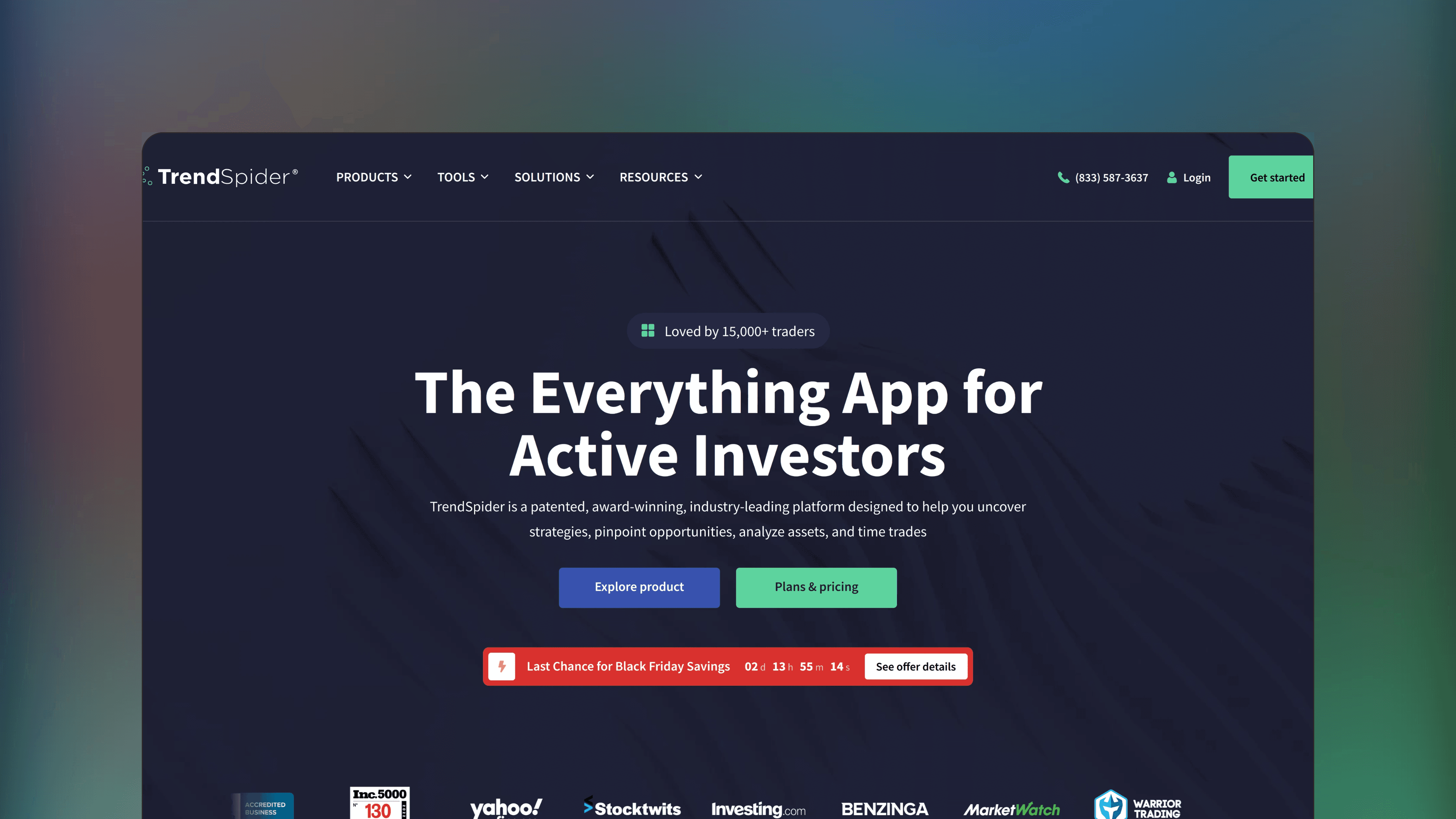 Website preview of TrendSpider, technical analysis charting platform showing automated detection of trendlines and chart patterns.