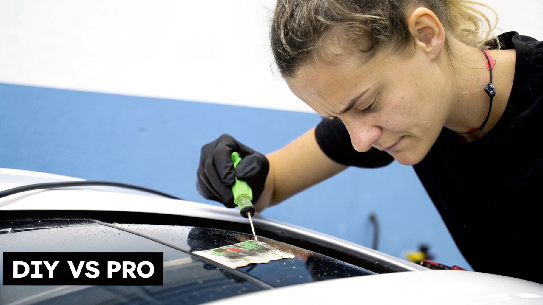 A technician professionally repairing a rock chip in a windshield.