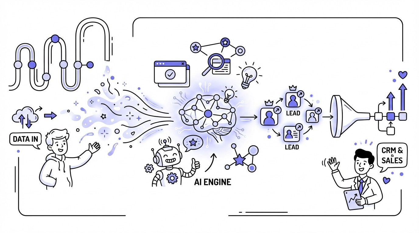 An illustration of an AI-powered automated lead generation engine, showing raw data entering a glowing neural network processing core and transforming into a steady stream of refined leads exiting a pipeline.