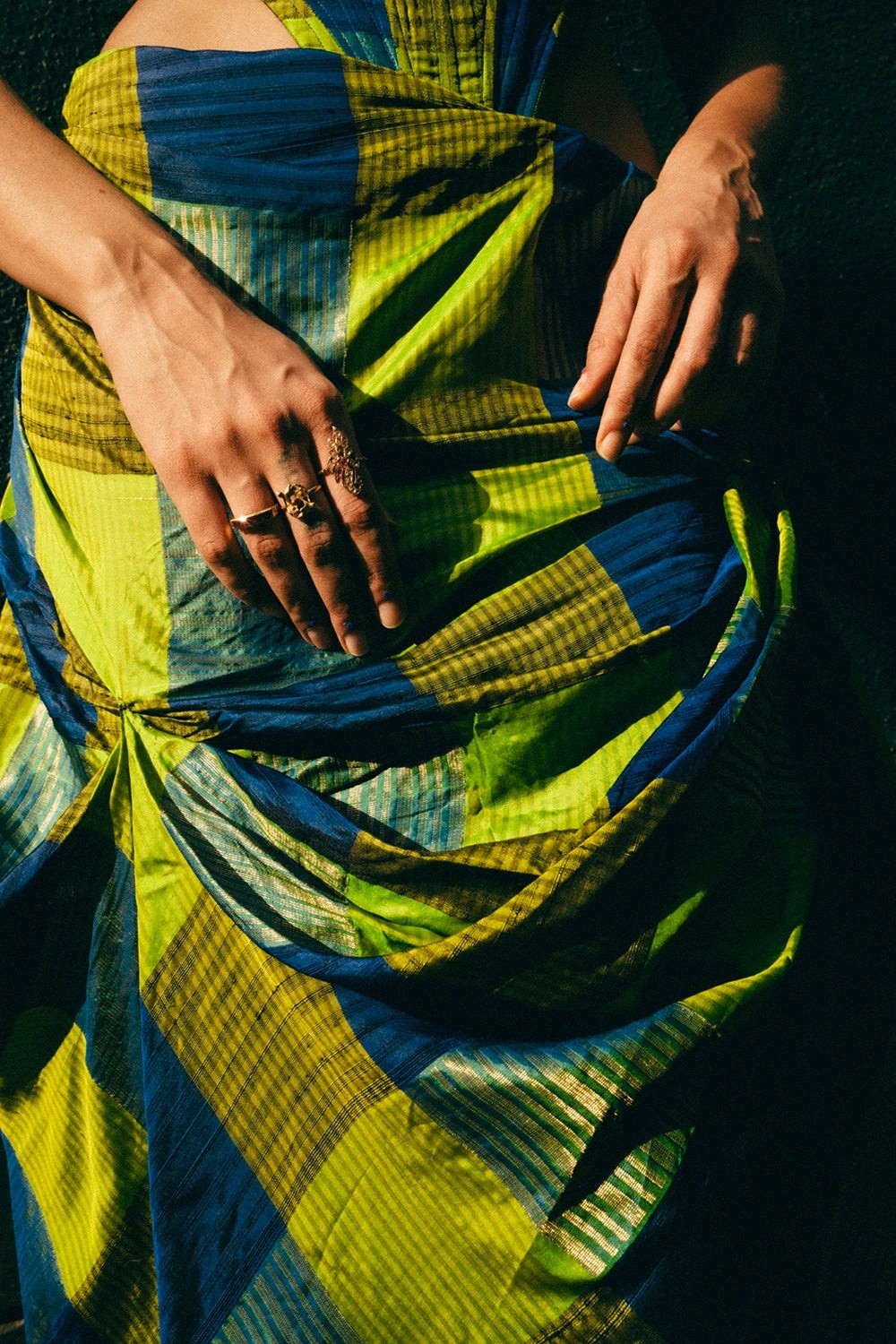 GULJHAAM IV is a one of a kind drape skirt, crafted in house from a vintage silk saree