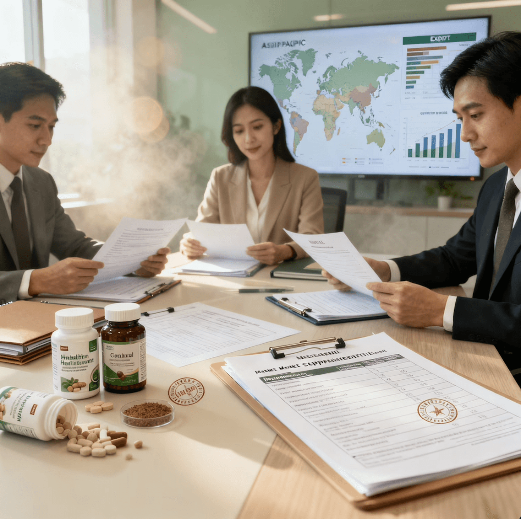 Business team collaborating on laptops and documents around a table.