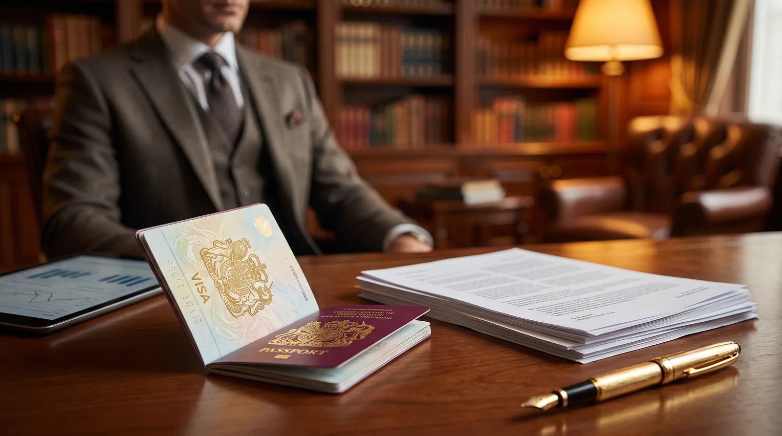 British founder reviewing UAE residency visa paperwork at a bright Dubai office
