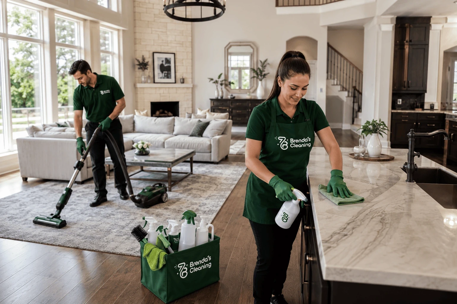 A green yard sign prominently displaying the white logo for Brenda's Cleaning placed in a manicured green grass lawn in front of a suburban home. In the background, a company-branded dark green crossover SUV service vehicle featuring the Brenda's Cleaning logo is parked on the street. The bright neighborhood setting features a two-story traditional residential house with white siding, black shutters, a welcoming front porch, and mature trees, highlighting dependable local residential maid services, professional home housekeeping, and reliable recurring cleaning services across Keller and Southlake, Texas.