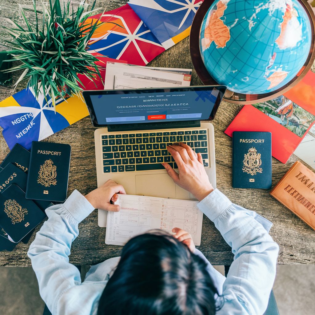 A person researching on an official immigration website at a desk, surrounded by immigration symbols like passports, a globe, and international flags, highlighting the crucial role of online resources in the global immigration process.