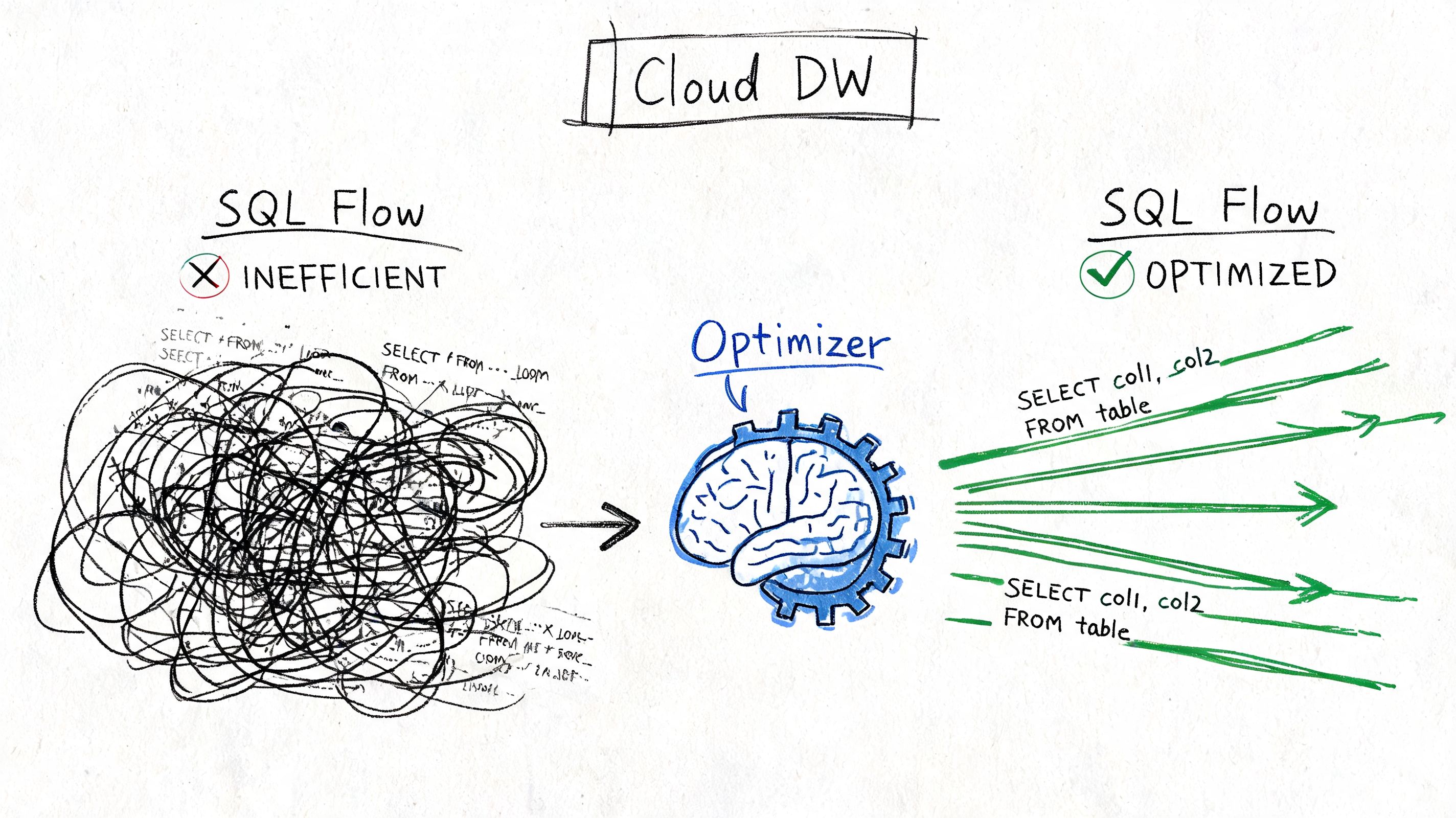 A hand-drawn illustration showing how a Cloud DW optimizer streamlines inefficient SQL queries into optimized data flows.