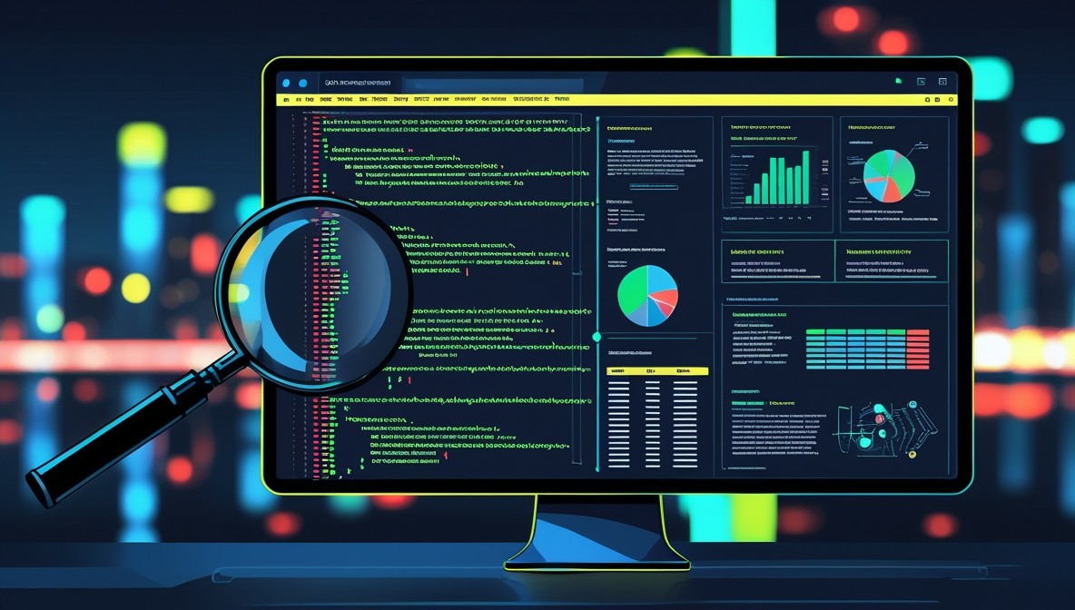A detailed digital illustration of a computer screen displaying lines of code with a magnifying glass hovering over a specific segment
