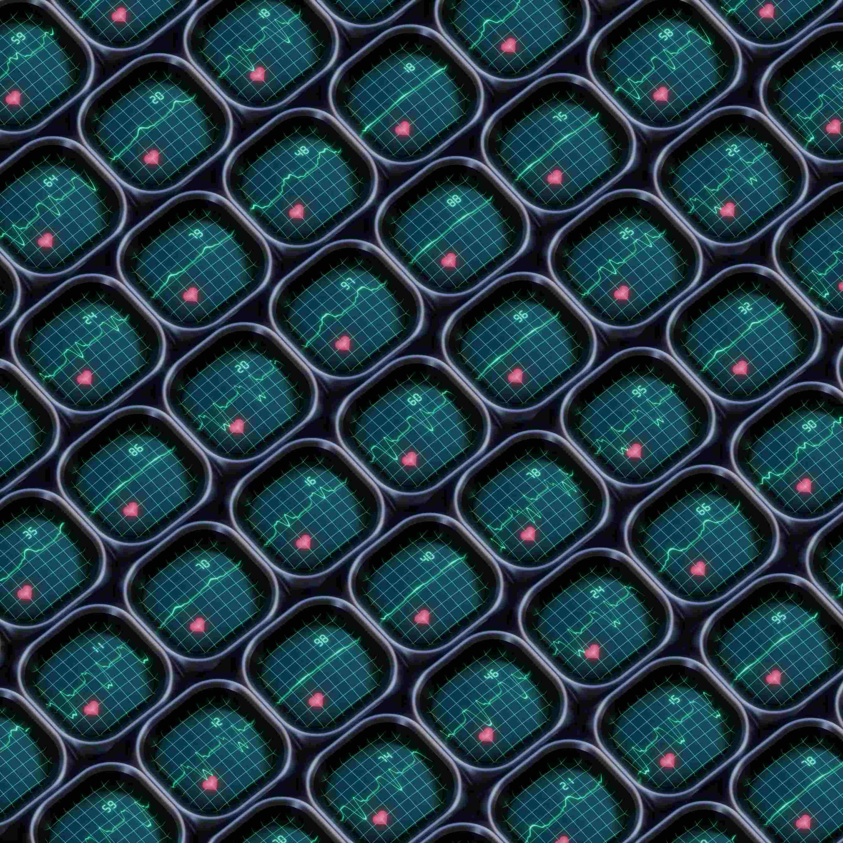 Futuristic digital interface displaying interconnected cardiovascular health monitors with ECG-like heart rate signals on a grid