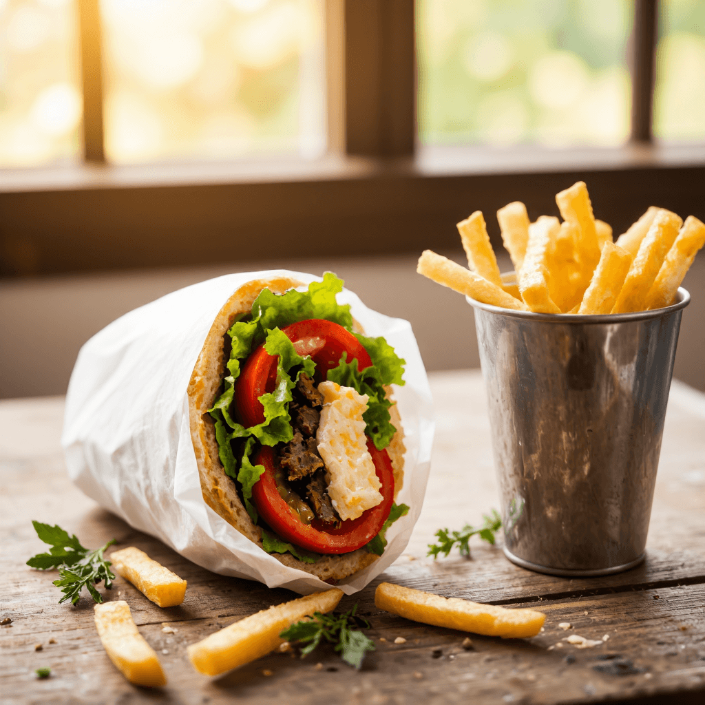 product photography of a wrapped sandwich with vegetables and sauce served with fries