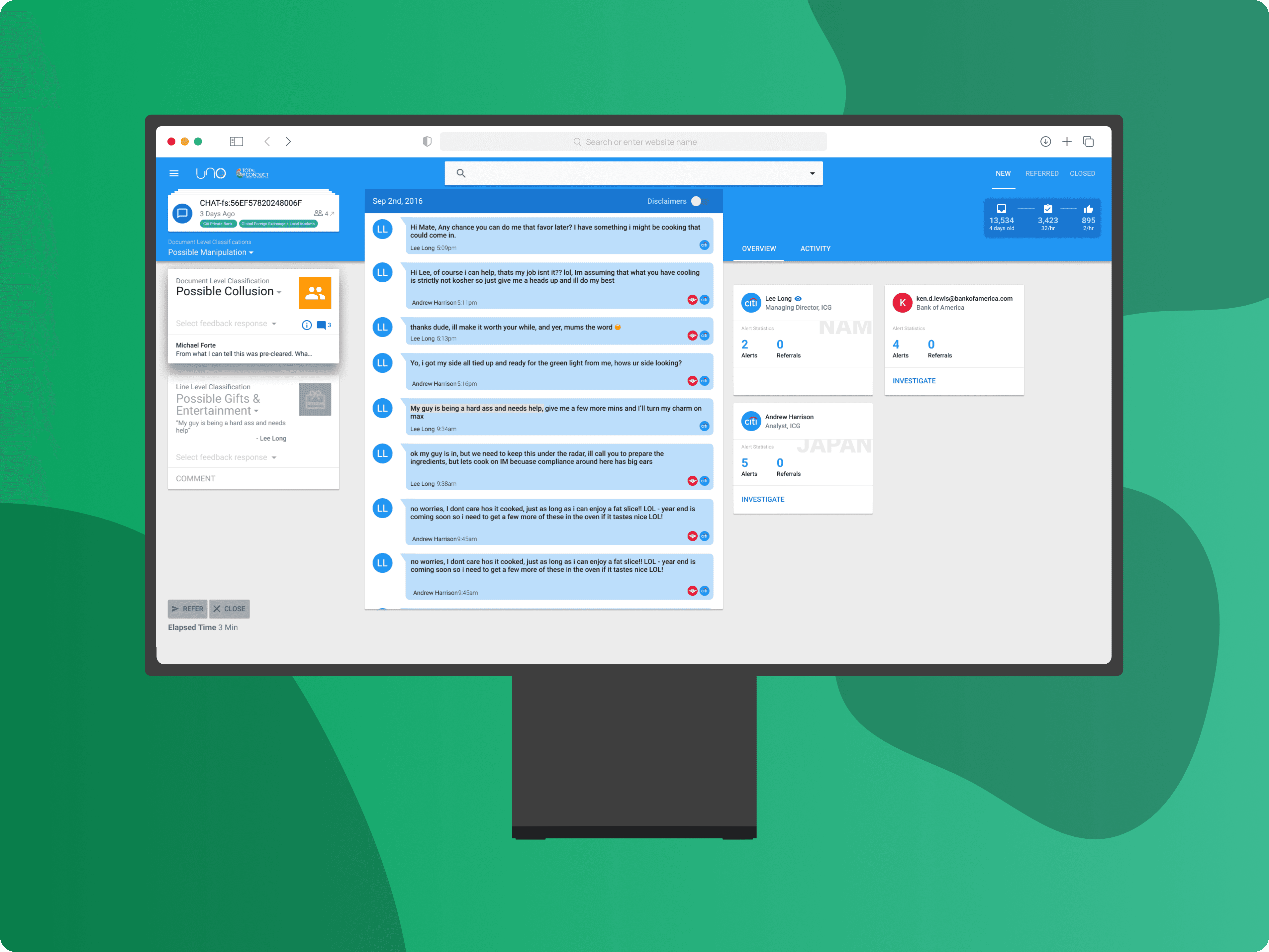 A computer monitor displaying the Total Conduct web app, with a focus on compliance monitoring and detection of collusive actions in trading, set against a green background.