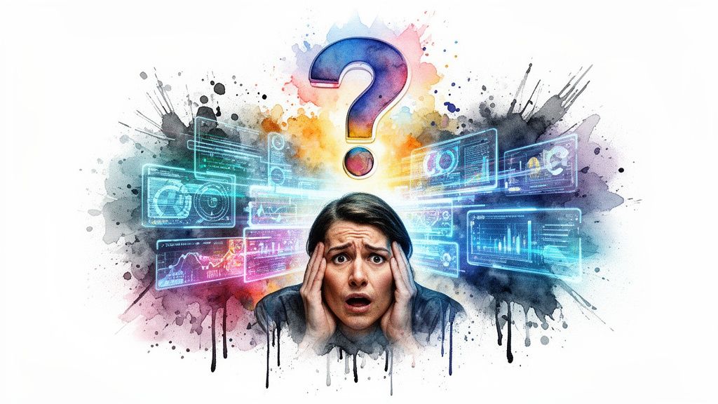 A woman looks stressed and overwhelmed while surrounded by glowing digital data dashboards and a large question mark.